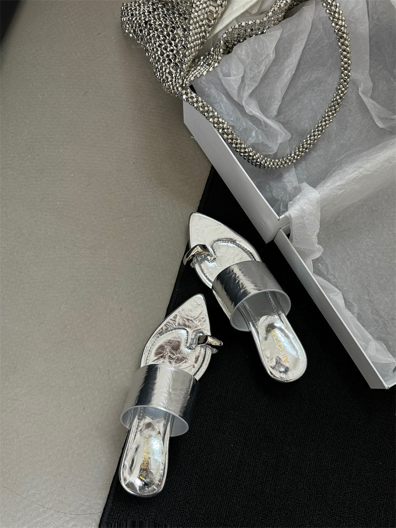 Free shipping designer sandals for women flat sandals black beige sliver gold Sharp pointed straight metal buckle cooler