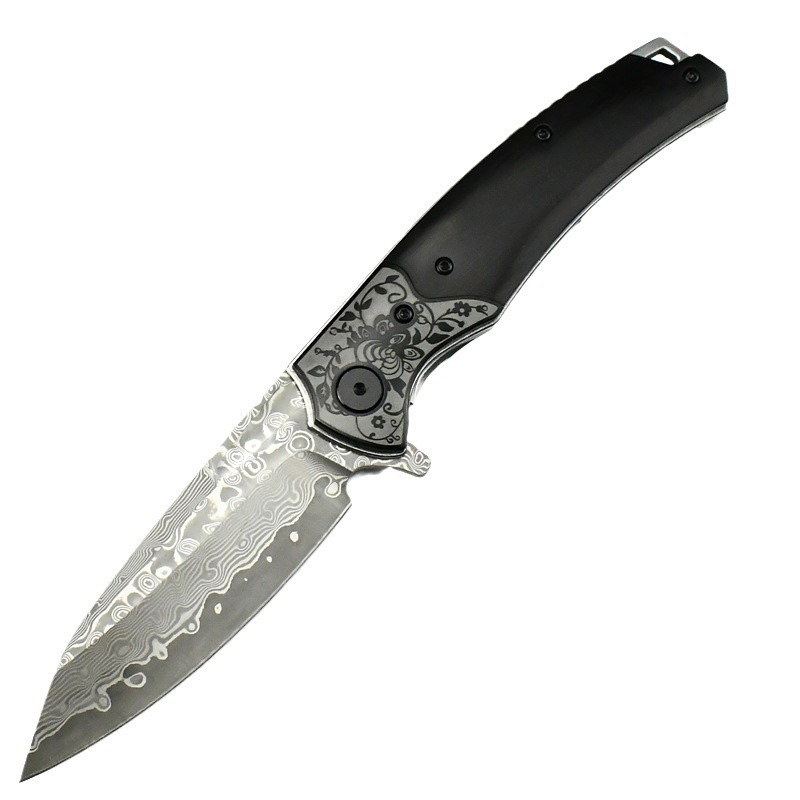 Topq Quality Flipper Folding Knife Damascus Tanto Blade Wood with Steel Handle Ball Bearing Outdoor EDC Pocket Knives