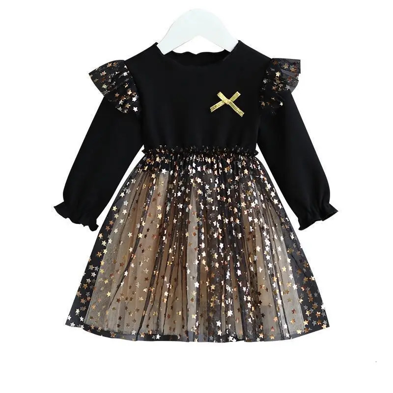 Spring Summer Kids Clothes Girls Long Sleeve A-line Dresses 1-6 Years Star Sequin Mesh Patchwork Princess Dress 241219