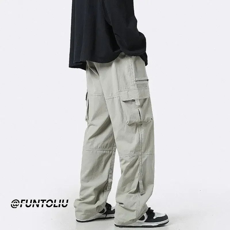 Deep Green Multi-pocket Cargo Pants Mens Autumn Japanese Trendy Straight-leg Loose-fit Casual Pants Niche Zip-up Drop 241218