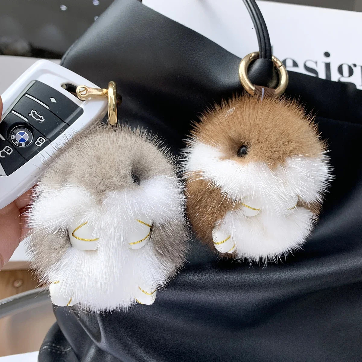 8cm Cute Mini Hamster Pendant Keychain rens Genuine Mink Fur Doll Toy Bag Car Key Charm Decoration Keychain rens Genuine Mink Fur 241218