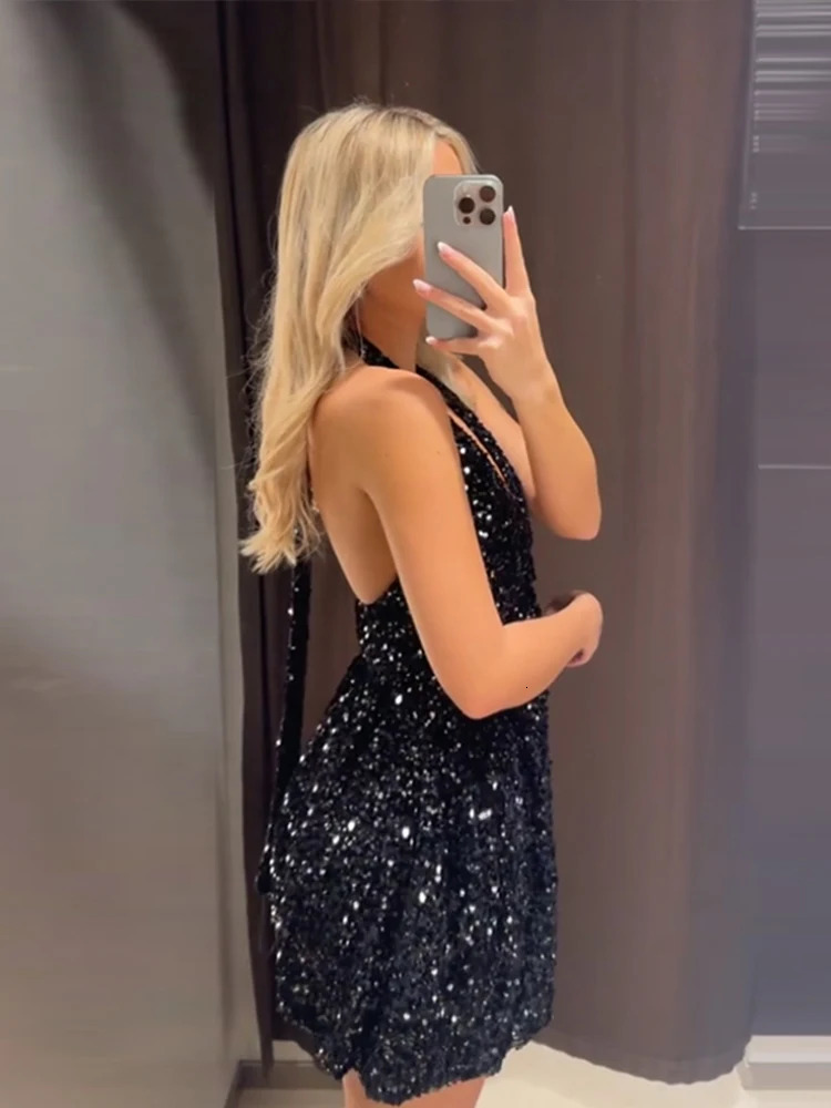 Sexy Sequins Short Black Party Dresses for Women Halter V Neck Backless Sparkly Ruffles Woman Mini Dress 2024 Club Gowns 241219