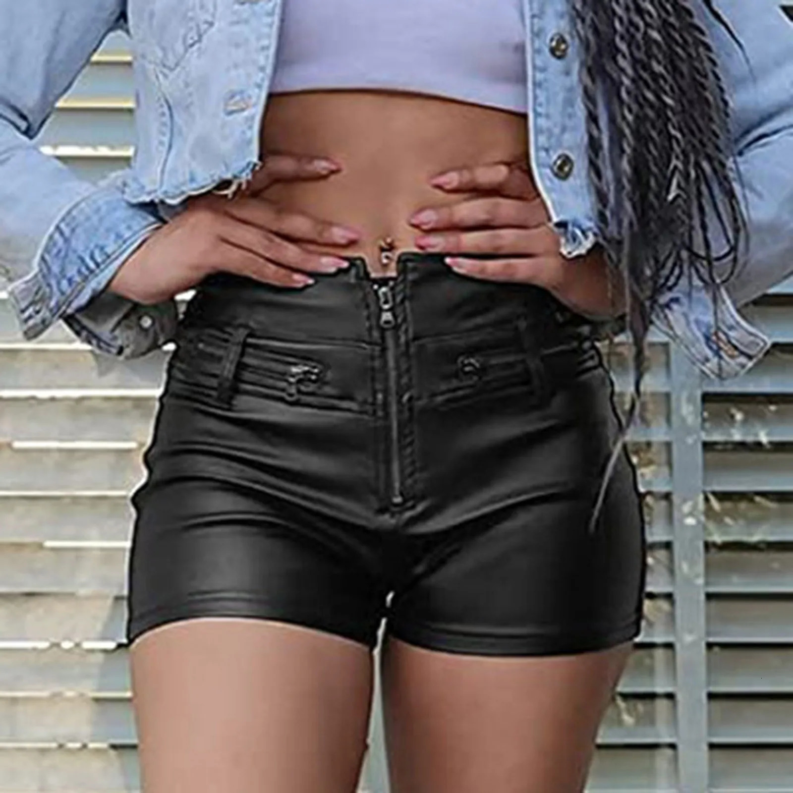 Sexy Black PU Leather Fashion Shorts Women Clothing Goth pants High Waisted Zipper Y2k Short Pants Clubwear 241218