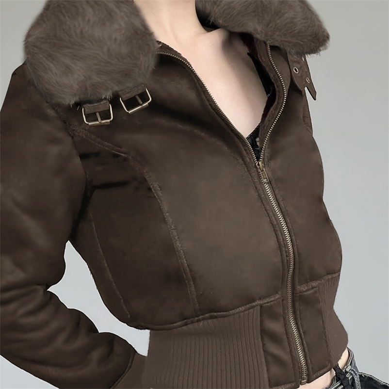 SUCHCUTE Brown Suede Trench Coat Vintage Zipper Outerwear Skinny Padded Jacket Streetwear Fashion Winter Female Warm 241218