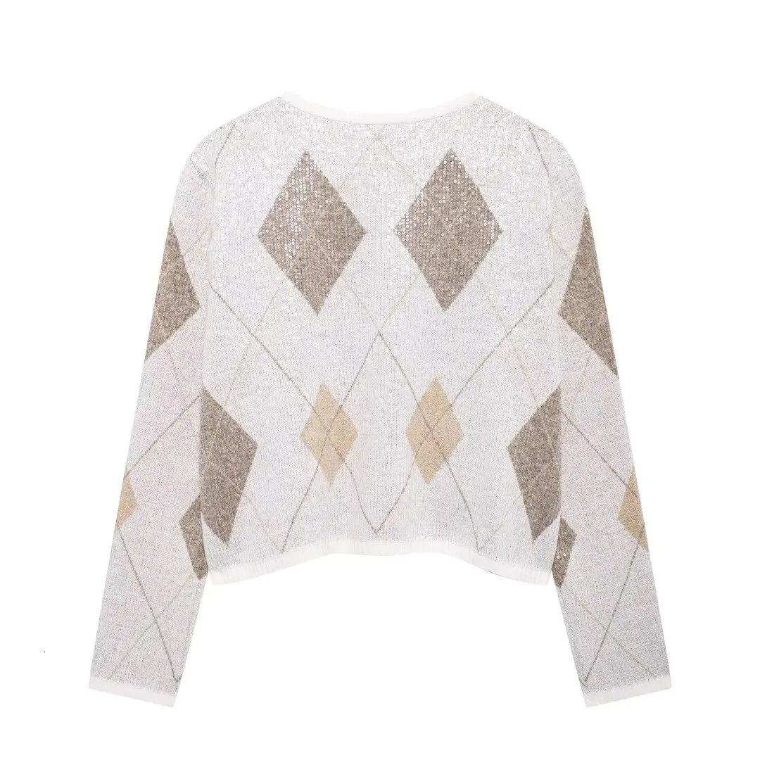 UNIZERA womens knitted jacket cardigan round neck long sleeved pearl embellished diamond pattern autumn sweater 241219