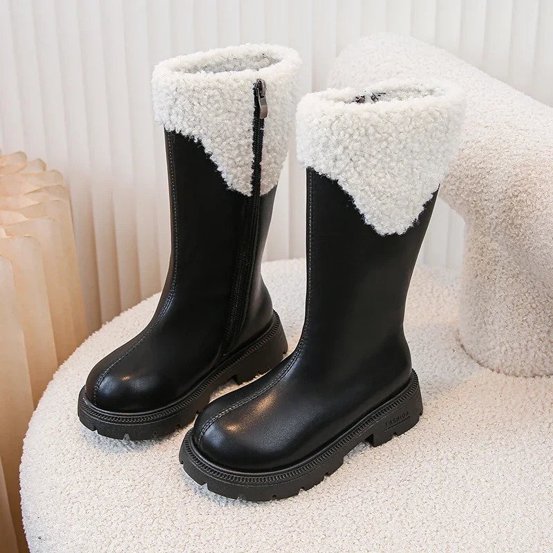 Children High Boots for Girls Winter Fashion British Style Soft Bottom Anti-slippery Versatile Leather Shoes with Fur 241219