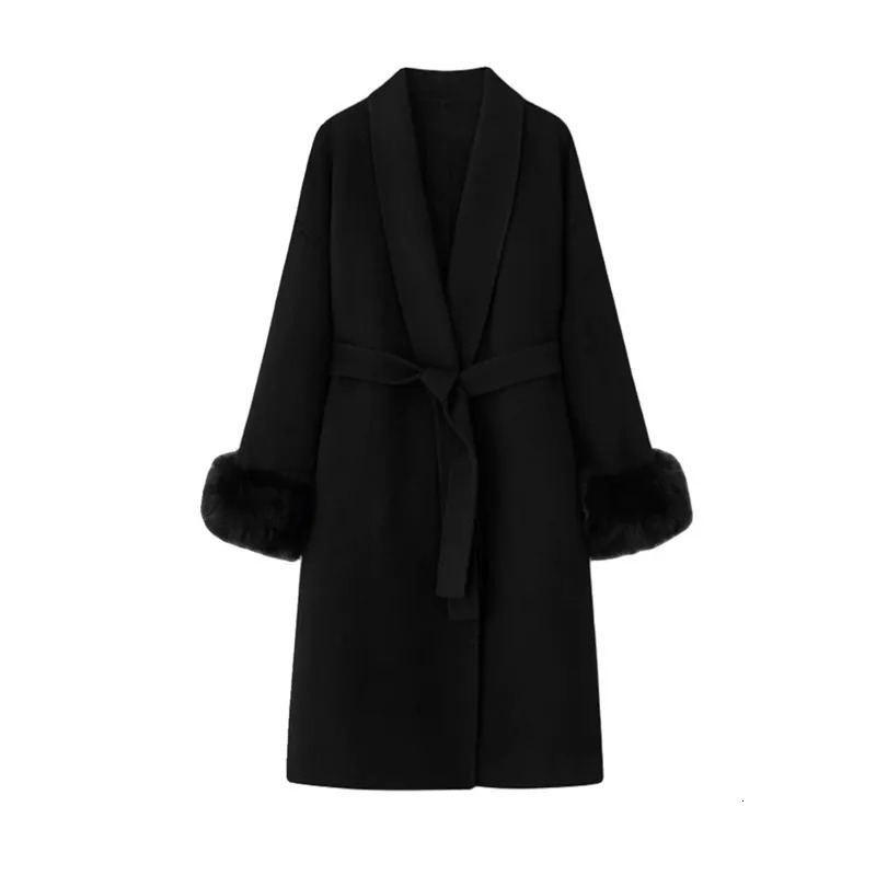 JXNH Womens Long Lapel Doublesided Cashmere 2024 Autumn And Winter Item Detachable Cuffs Loose Versatile Coat 241219