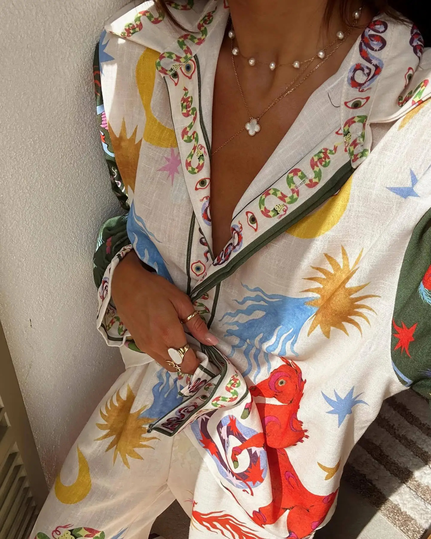 Tropical Style Printed Loose Pants Suit Women Chic Lapel Long Sleeve Shirts Colorful Trousers Sets Female Casual Beach Outfits 241218