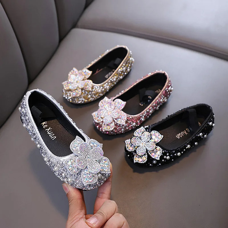 Children Sequins Leather Shoes Baby Kids Party Princess Shoes Girls Glitter Bowknot Flat Shoes J388 241219
