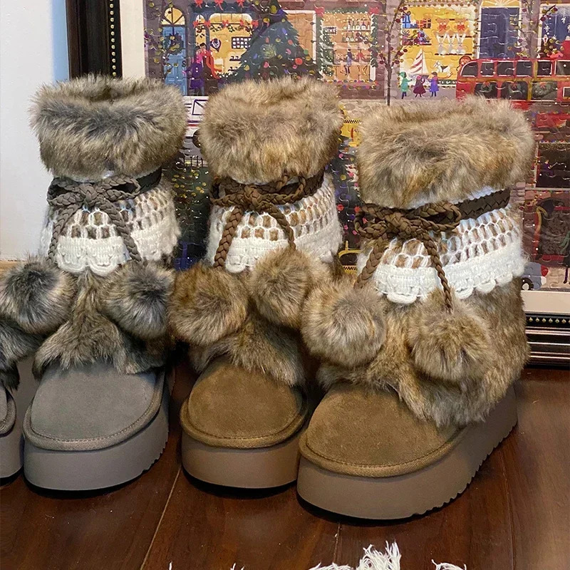 New Butterfly Knot Fur Snow Boots Women's Flat Heels Designer Winter Suede Flat Shoes Warm 2025 New Brand Fashion Sweet