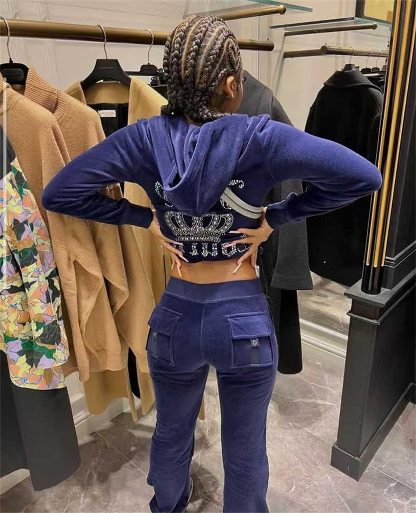 Women's Tracksuits Velvet Tracksuit Suit Women Hoodie + Casual Velvet Trousers Y2k Crown Crystal Decoration J Letter Zipper Hooded Sweatshirt L260115