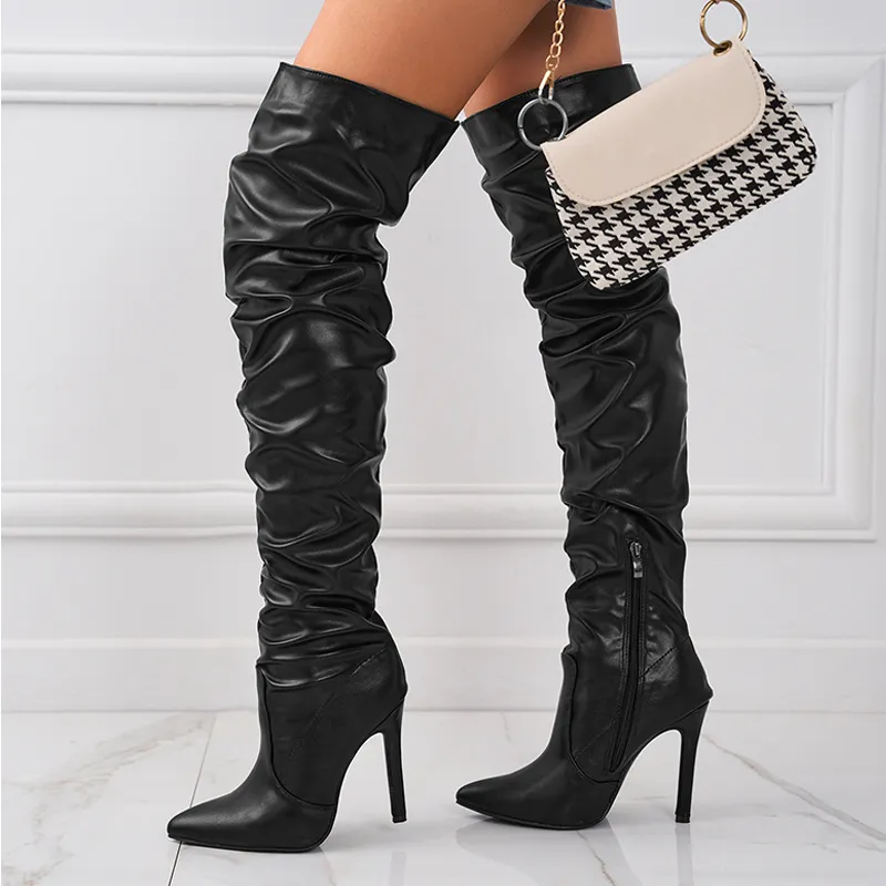 2025 New Liyke Autumn Winter Thigh High Boots Women Fashion Design Pleated Leather Over The Knee Shoes Pointed Toe Zip Stiletto Heels