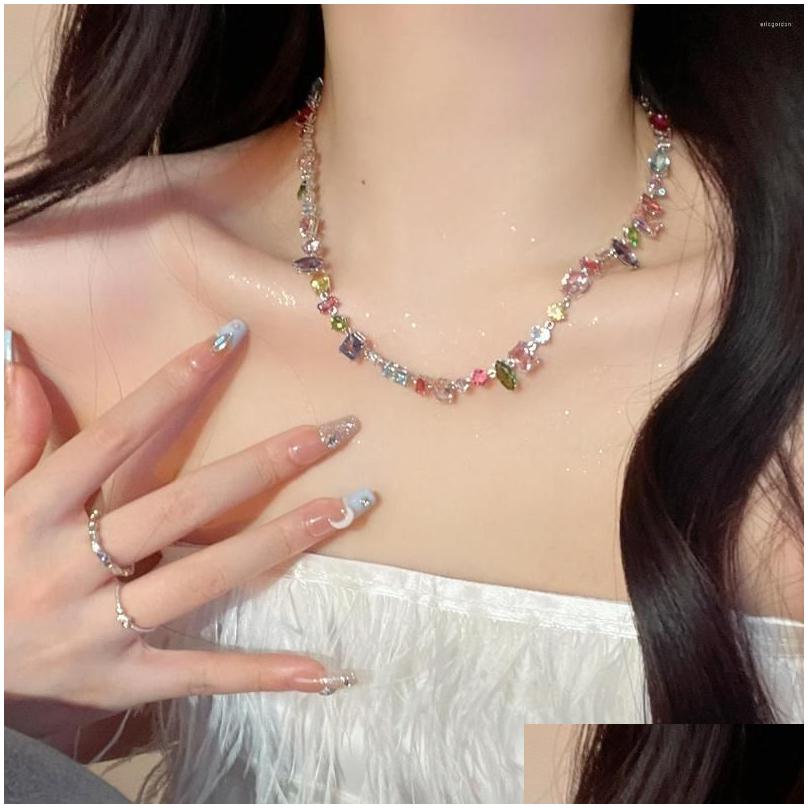 Pendant Necklaces Chains Sweetheart Candy Colored Crystal Cz Necklace Light High Grade Love Rainbow Collar Chain Bracelet For Ote2Y