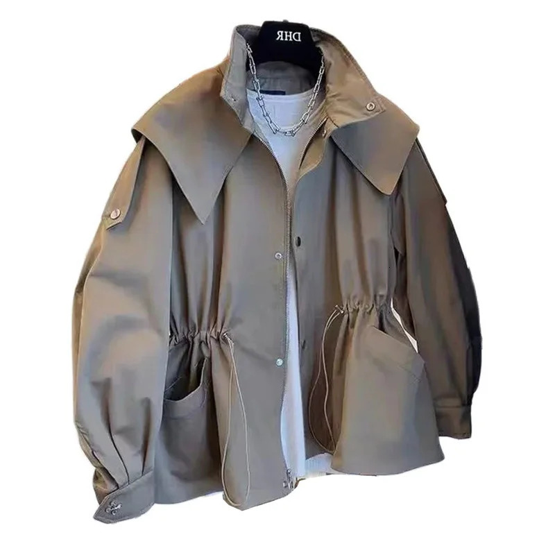 Spring Autumn European Polo Collar Hooded Windbreaker Lining Coat With A Slim Waist Short Size Large Loose Top 241218