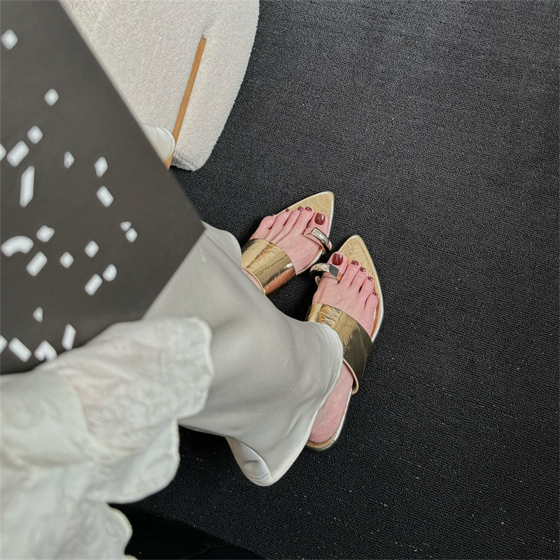 Free shipping designer sandals for women flat sandals black beige sliver gold Sharp pointed straight metal buckle cooler