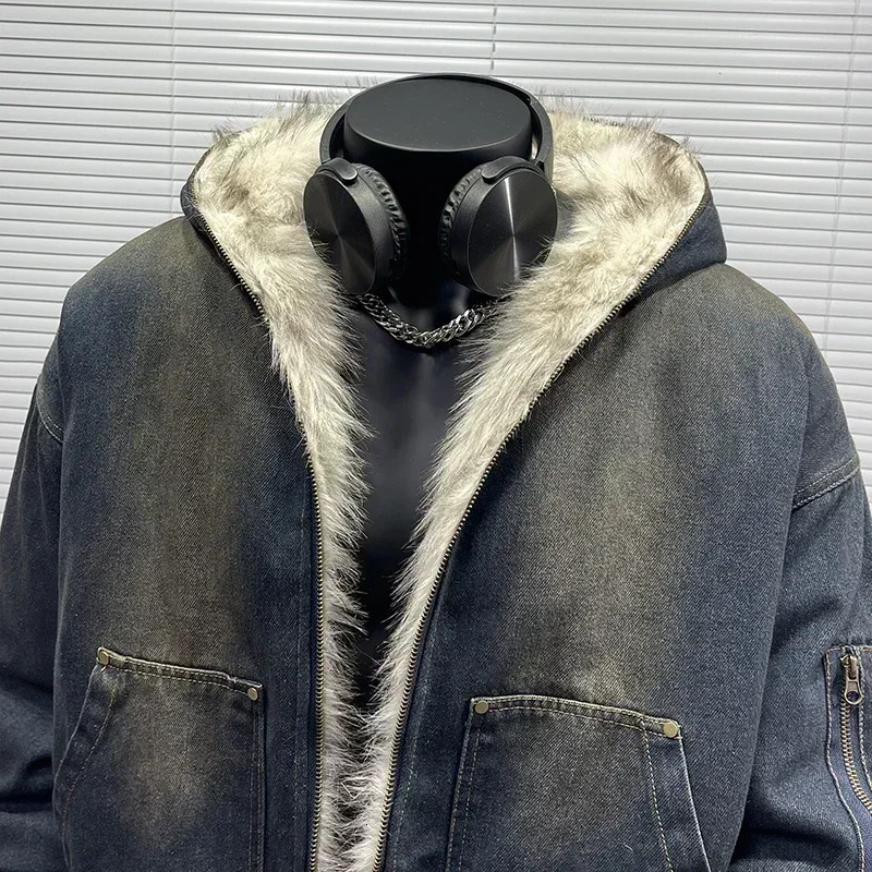 New Autumn Winter Loose Denim With Thickened And Warm Retro Design, Hooded Cotton Jacket, Fashionable Men's Jacket