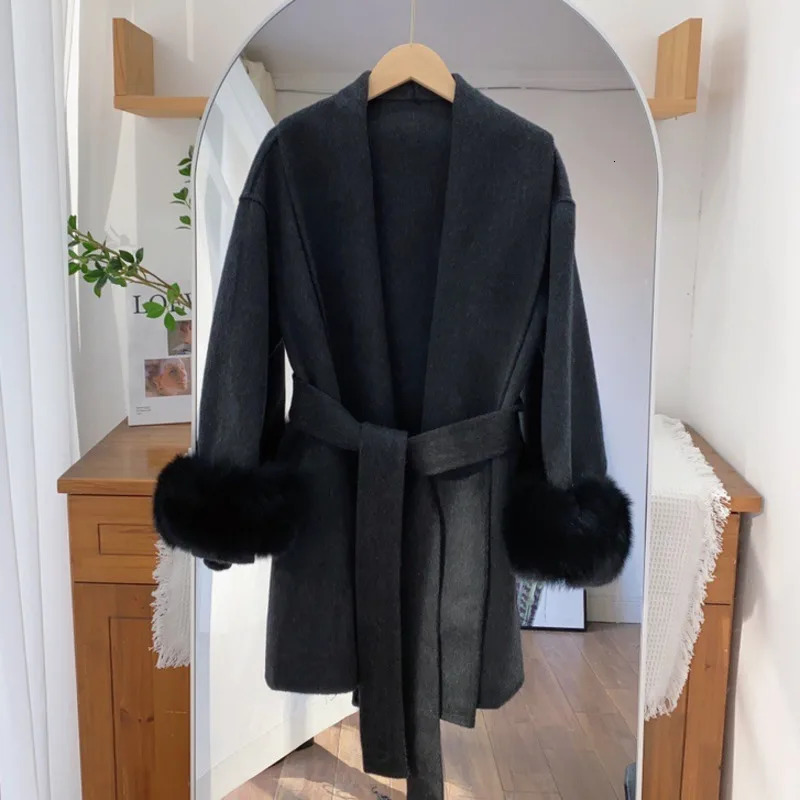 EWQ Korea Chic Flip Collar Fox Fur Doublesided Woolen Coat Elegant Wool Jacket Women Winter Brown Overcoats