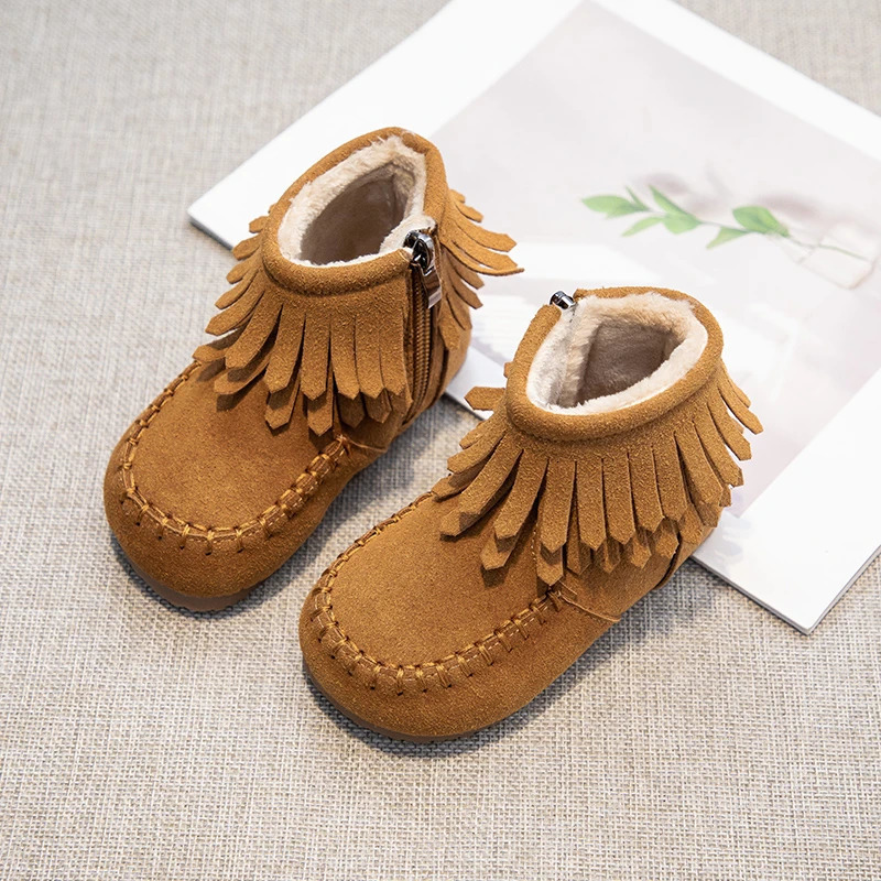 Girls Princess Boots Fashion Kids Ankle Boots Flock Fabric Warm Thick Fur with Side Zipper Tassels Autumn Winter 241219