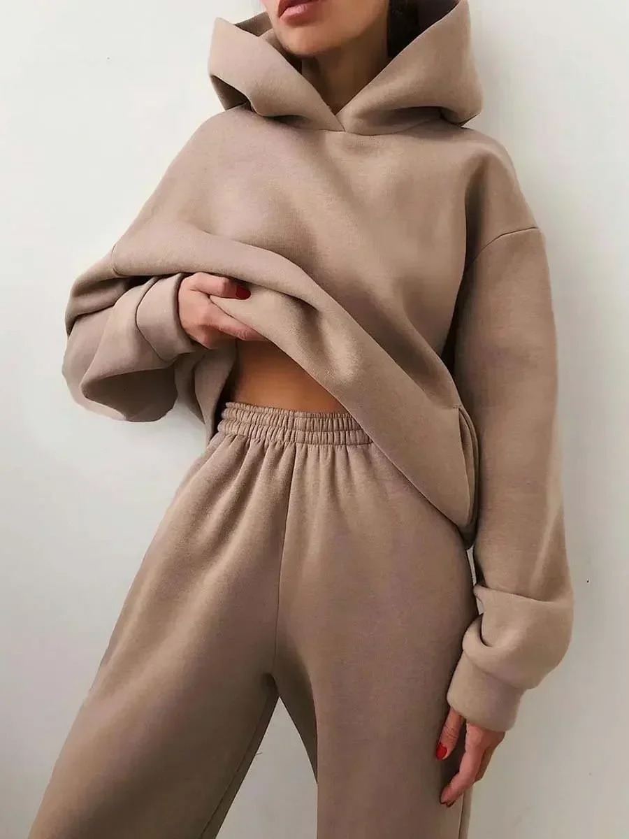 Womens Tracksuit Suit Autumn Fashion Warm Hoodie Sweatshirts Two Pieces Oversized Solid Casual Hoody Pullovers Long Pant Sets 241218