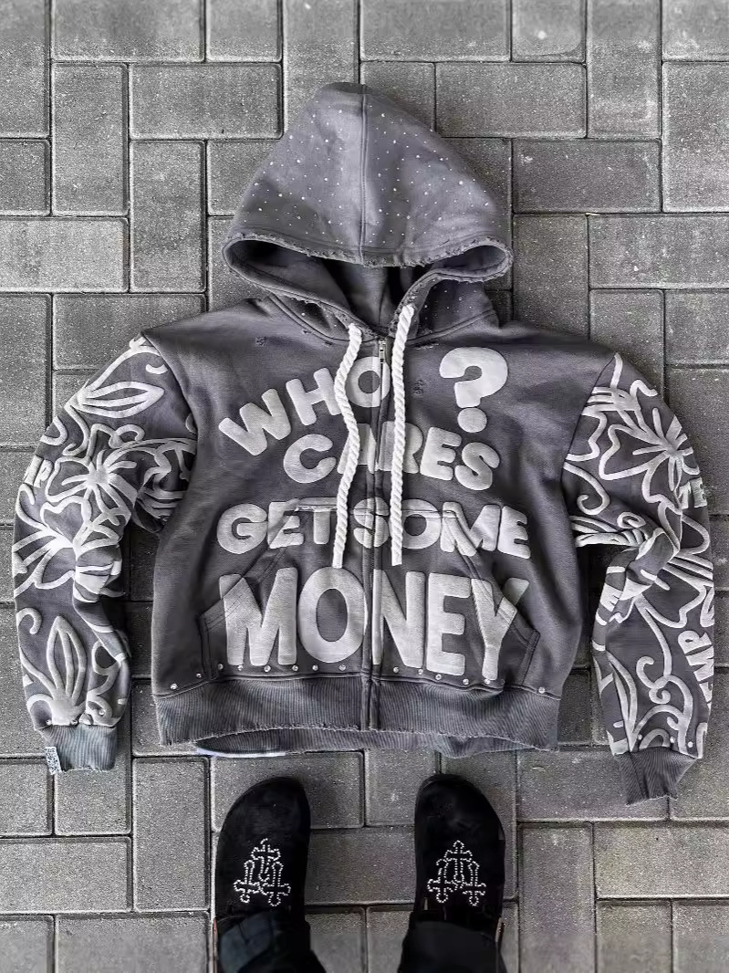 Y2K Zipper Hoodie New American Street Hip Hop Fashion Printing Alphabet Design Vintage Hooded Long Sleeve Sports Hood Men Women