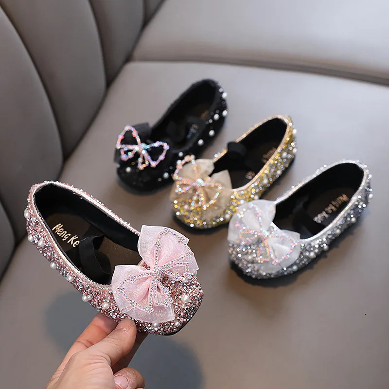 AINYFU Spring Childrens Lace Bow Princess Shoes Girls Color Sequins Leather Shoes Kids Soft-Soled Wedding Shoes H807 241219
