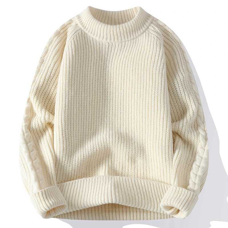 New mens knitted sweater round neck long sleeved Harajuku mens casual latte autumn mens earth color warm sweater W241219
