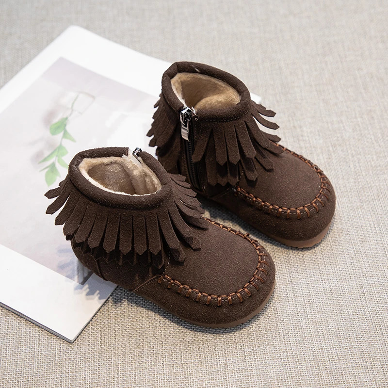 Girls Princess Boots Fashion Kids Ankle Boots Flock Fabric Warm Thick Fur with Side Zipper Tassels Autumn Winter 241219