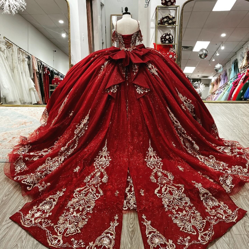 Red Quinceanera Dresses Beading Sequin Gold Appliques Bow Off The Shoulder Vestidos De 15 Anos Birthday Party Sweet 16 Dress Dr0320
