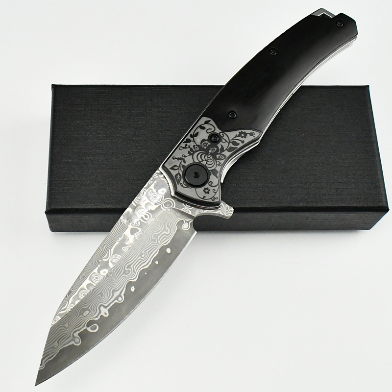 Topq Quality Flipper Folding Knife Damascus Tanto Blade Wood with Steel Handle Ball Bearing Outdoor EDC Pocket Knives