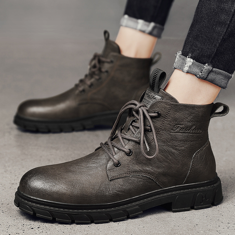Men Boots Fashion Winter Velvet High-top Lace-up Casual Style Outdoor Warm Thick Sole Leather Shoes Triple Black Brown Free shipping