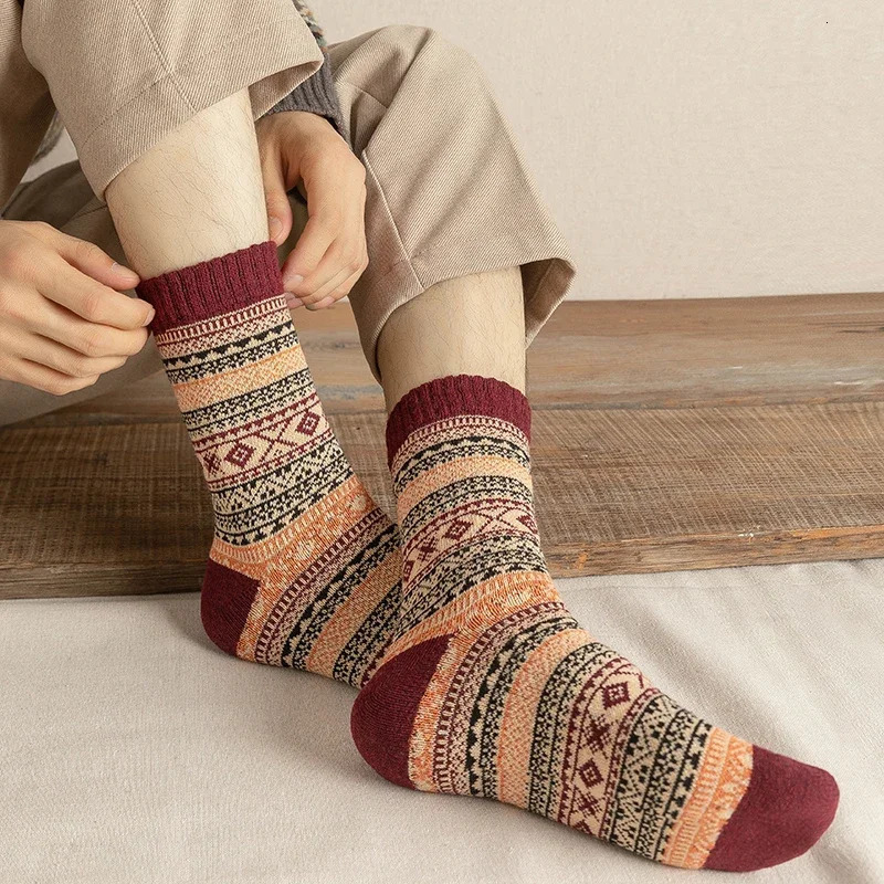 5 Pairs Lot Pack Women Socks Autumn Winter Snow Thickened Thermal Warm Folk-custom Retro Nordic Style Wool Socks Christmas Gift 241223