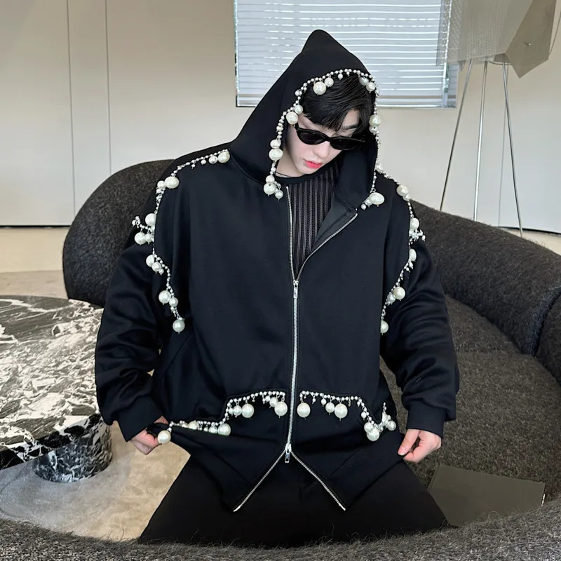 IEFB Trendy Mens Personalized Hoodies Zipper Handmade Pearl Decoration Cardigan Sweatshirt Men Autumn Hooded Jacket 9C7547 241218