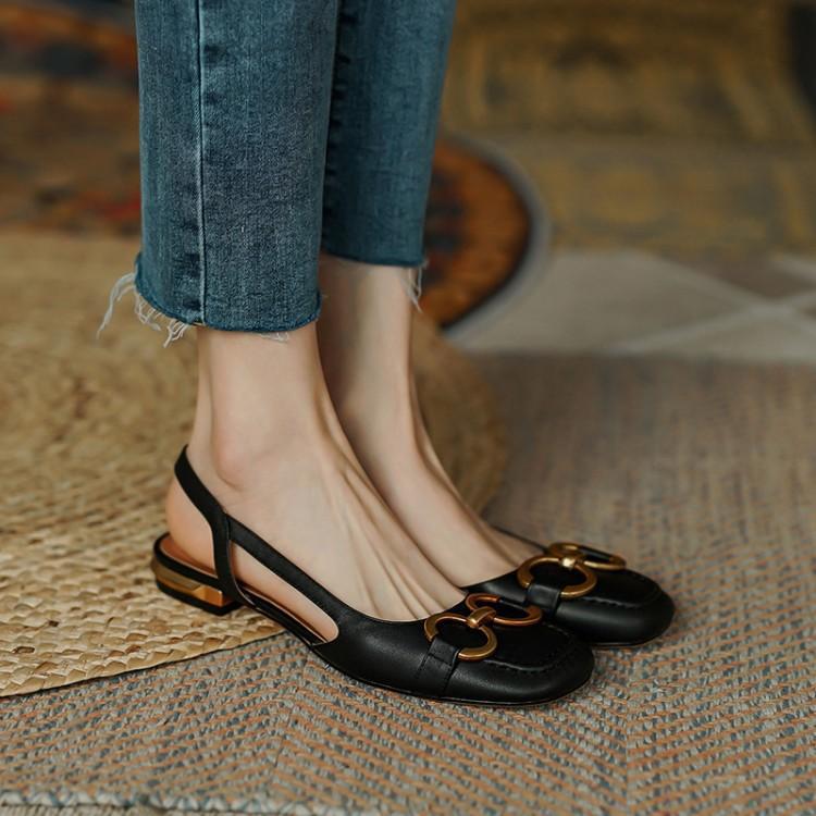 Women's genuine leather sqaure toe slip-on thick med heel summer mules metal buckle decoration casual female heels sandals