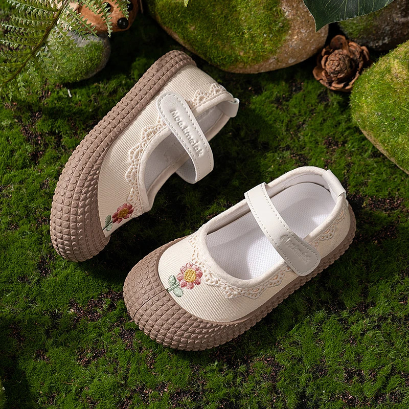 Unishuni Girls Flats Baby Kids Canvas Shoe Child Casual Flats Princess Lace Ruffles Cloth Mary Jane Shoes with Flower Embroidery 241219