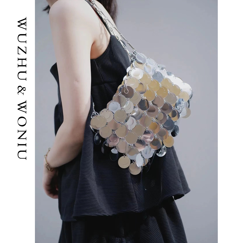Women Glitter Designer Sier Metal Sequin Chain Woven Evening Bags Clutch Travel Holiday Shoulder Bag Handbag