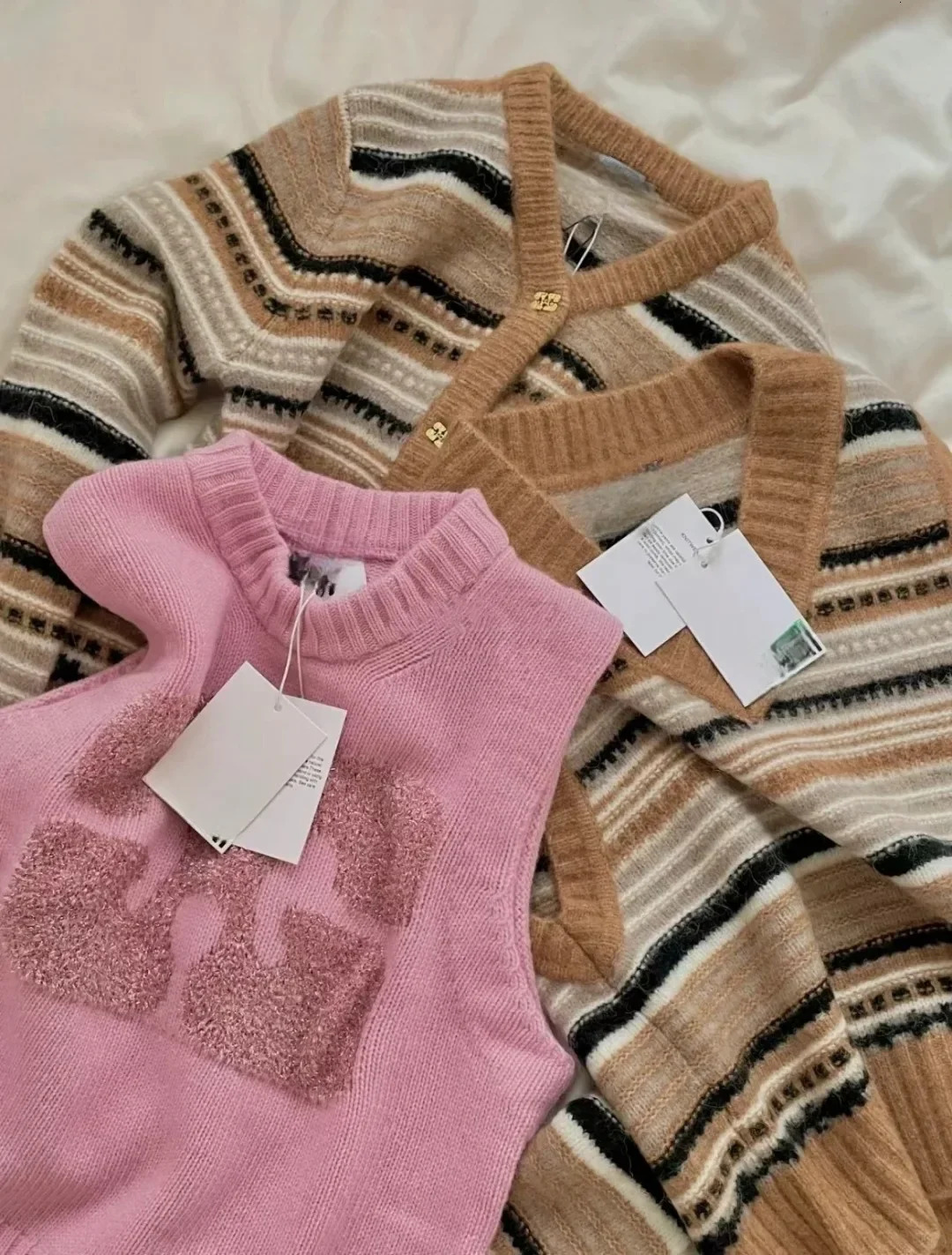 Stripes Cardigan Women 100% Wool V-Neck Single-Breasted Soft Warm Long-Sleeved Cardigan Female