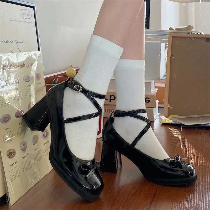 Red Mary Jane Women Pumps Thick High Heels Shoes Female Lolita Square Toe Shoes Spring Fashion Party Leather Woman Shoes NewC250319