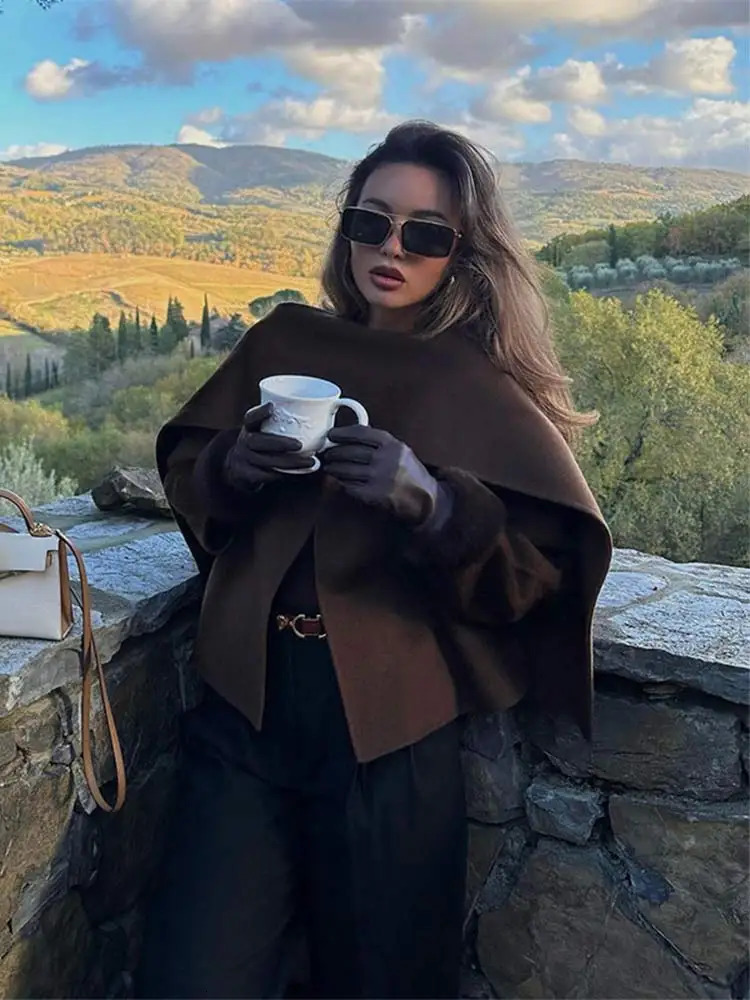Women Elegant Solid Short Woolen Jacket With Scarf Fashion O Neck Long Sleeve Slit Loose Coat 2024 Autumn Female High Streetwear 241219