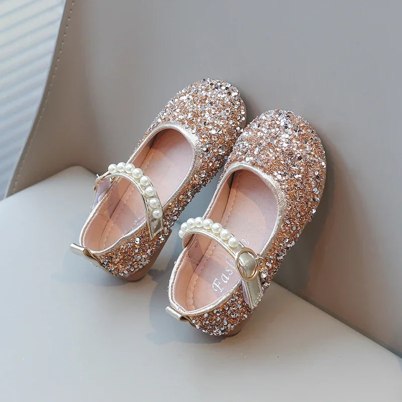 Girls Sandals Gold Sequins Pearls Princess Shoes Dance Kids Shoes Pink Non-Slip Lightweight Silver Kids Crystal Shoes Sandals 241219