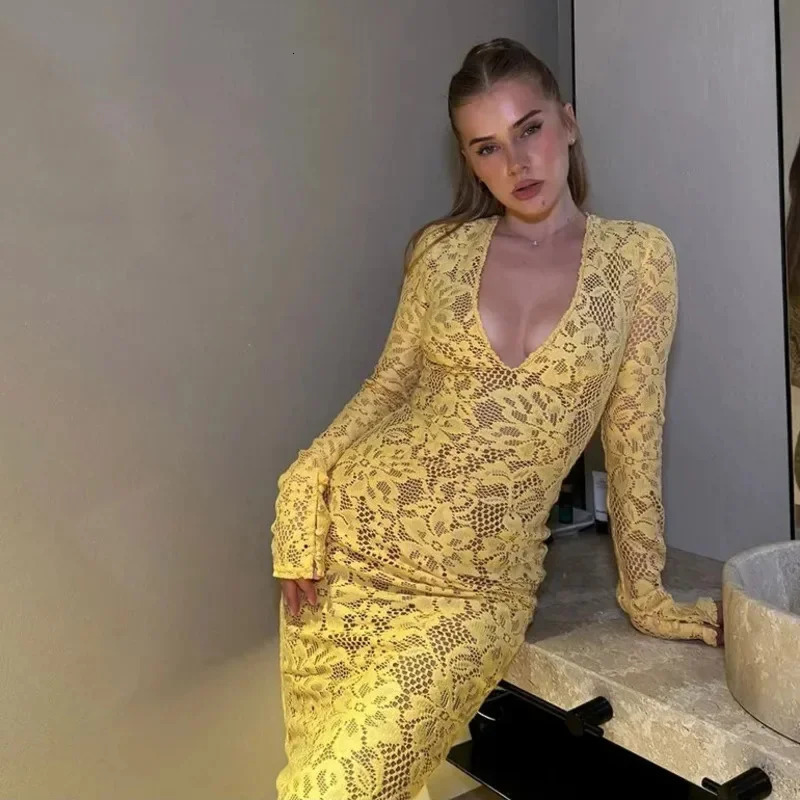 Sexy Lace Deep V Neck Slim Long Dress Women Yellow Elegant Long Sleeve Skinny Mermaid Dress Autumn Lady Party Evening Robes 241213