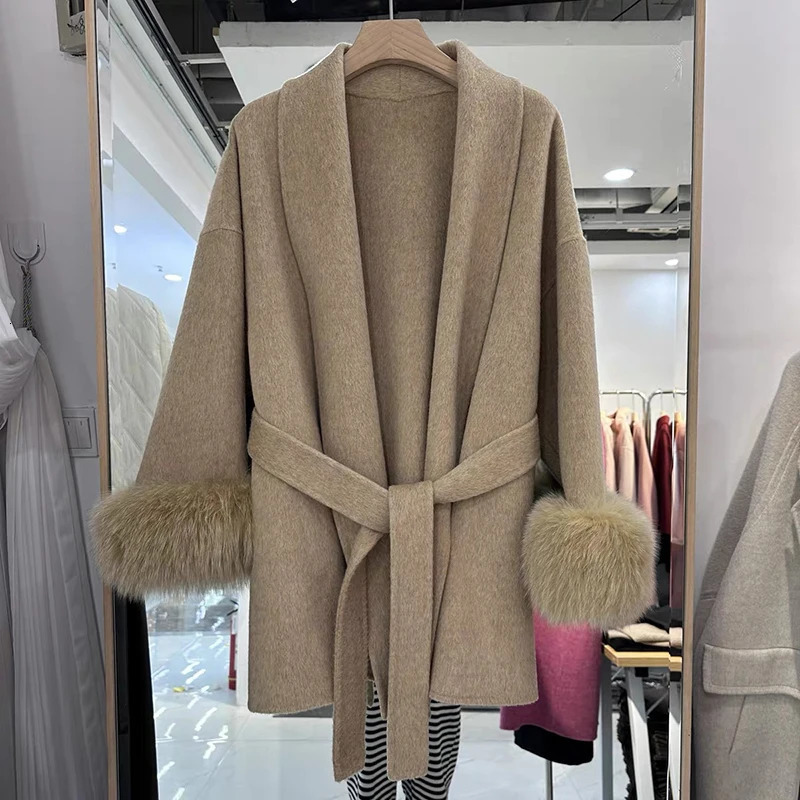 EWQ Korea Chic Flip Collar Fox Fur Doublesided Woolen Coat Elegant Wool Jacket Women Winter Brown Overcoats