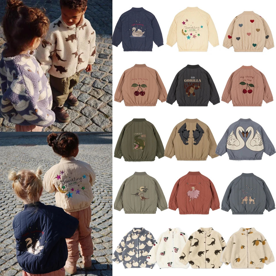 2024 Autumn Winter KS Childrens Embroidery Jackets Girls Cotton Outerwear Baby Clothes Boys Plus Fleece Coats Kids Clothing 241218