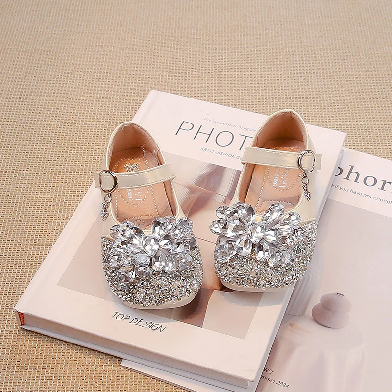 Silver/beige Girls Leather Shoes with Glitter Rhinestone Bow Outdoor Spring Autumn PU Princess Leather Shoes Sandalias De Mujer 241219