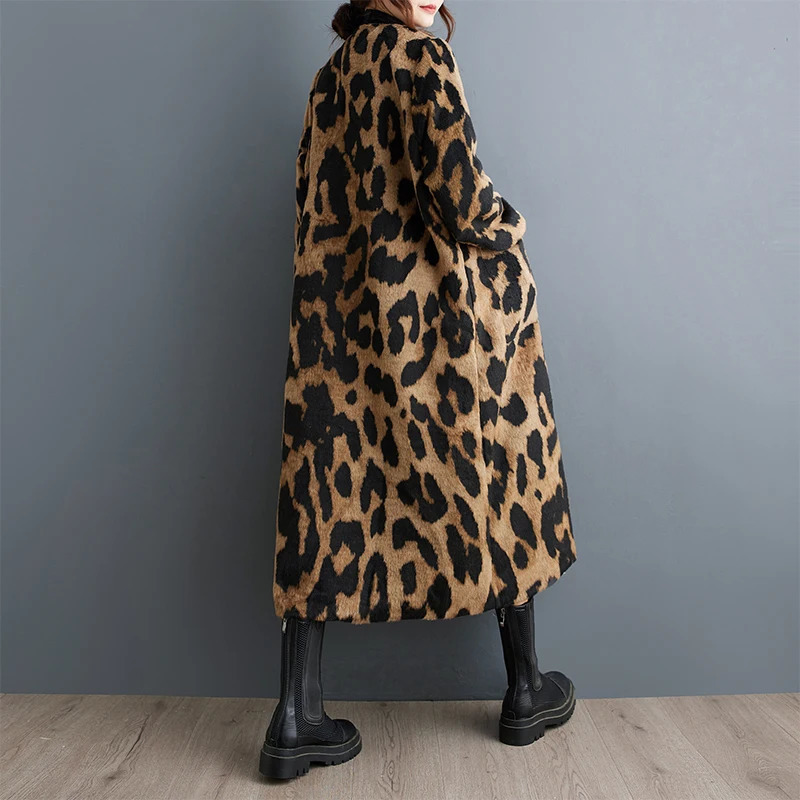 #6926 Spring Autumn Long Leopard Trench Coat Women V-neck Loose Pockets Vintage A-line Trenchcoat Single Breasted Streetwear 241219