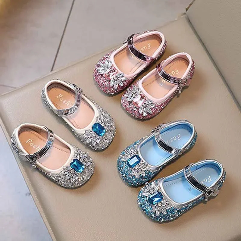 Girls Fashion Princess Shoes Crystal Shoes Bow Girl Kindergarten Flat Shoes Baby Soft Sole Princess Elsa Trend Single Shoes 241219
