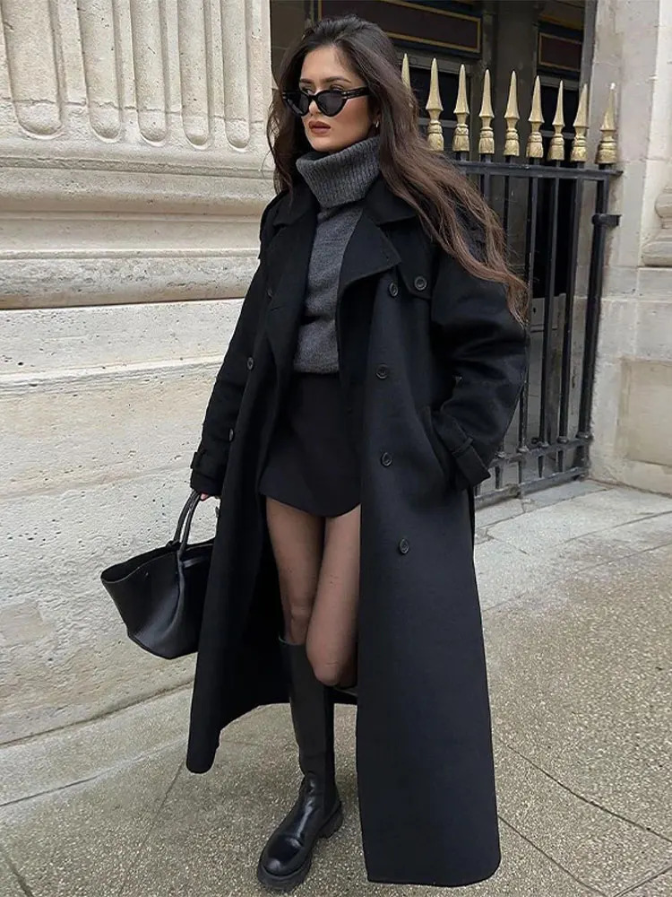 Fashion Dark Grey Stripe Lapel Double Breasted Overcoat Women Full Sleeve Loose Long Coat 2024 Autumn Winter Lady Commute Jacket 241219