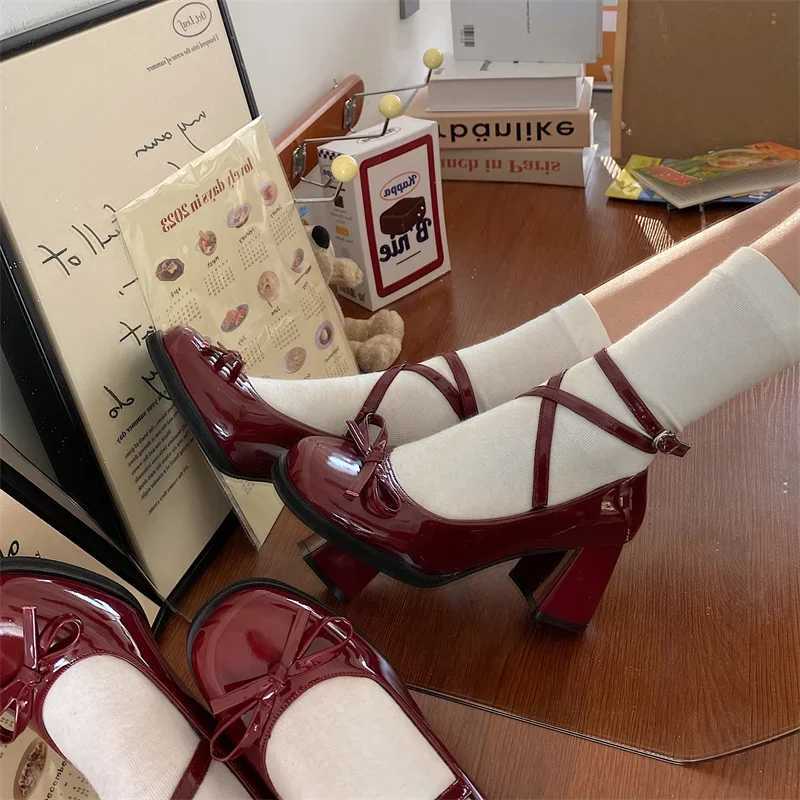 Red Mary Jane Women Pumps Thick High Heels Shoes Female Lolita Square Toe Shoes Spring Fashion Party Leather Woman Shoes NewC250319