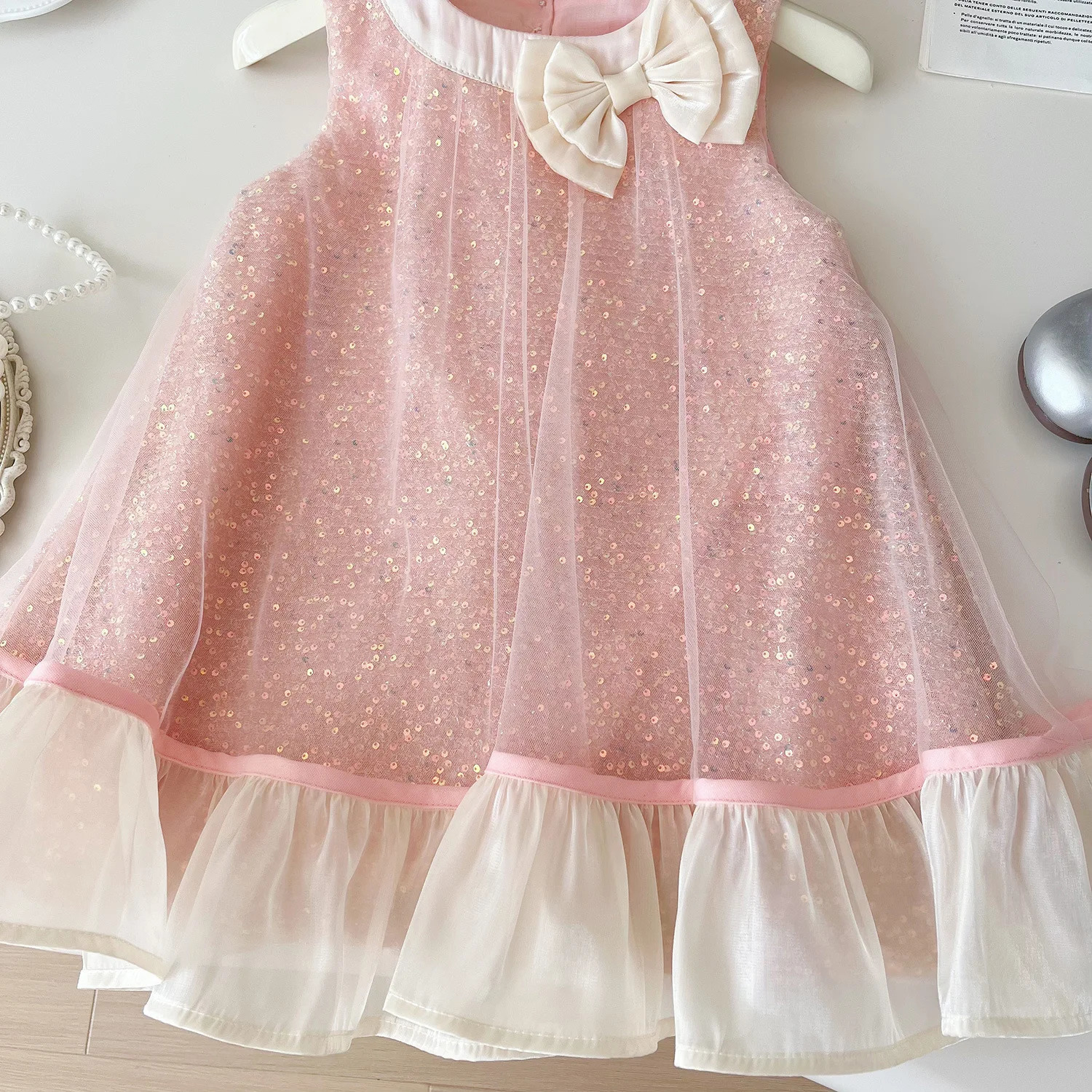 Girls Casual Dresses Sleeveless Bow Mesh Dress Princess Dress for Girls 2 To 7 Years Kids Clothes for Girls 241219