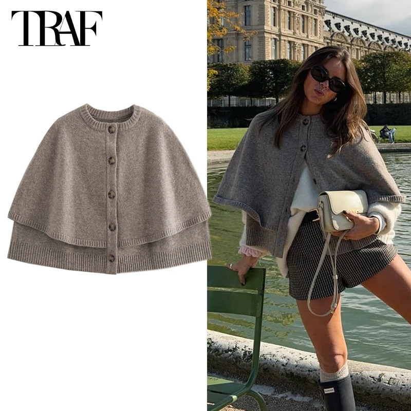 TRAF Knit Cape Cardigan for Women Shawl Winter Coats woman Cropped Coat Ponchos for Women Fashion Outerwear Cloaks of Woman 241218