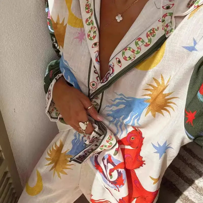 Tropical Style Printed Loose Pants Suit Women Chic Lapel Long Sleeve Shirts Colorful Trousers Sets Female Casual Beach Outfits 241218
